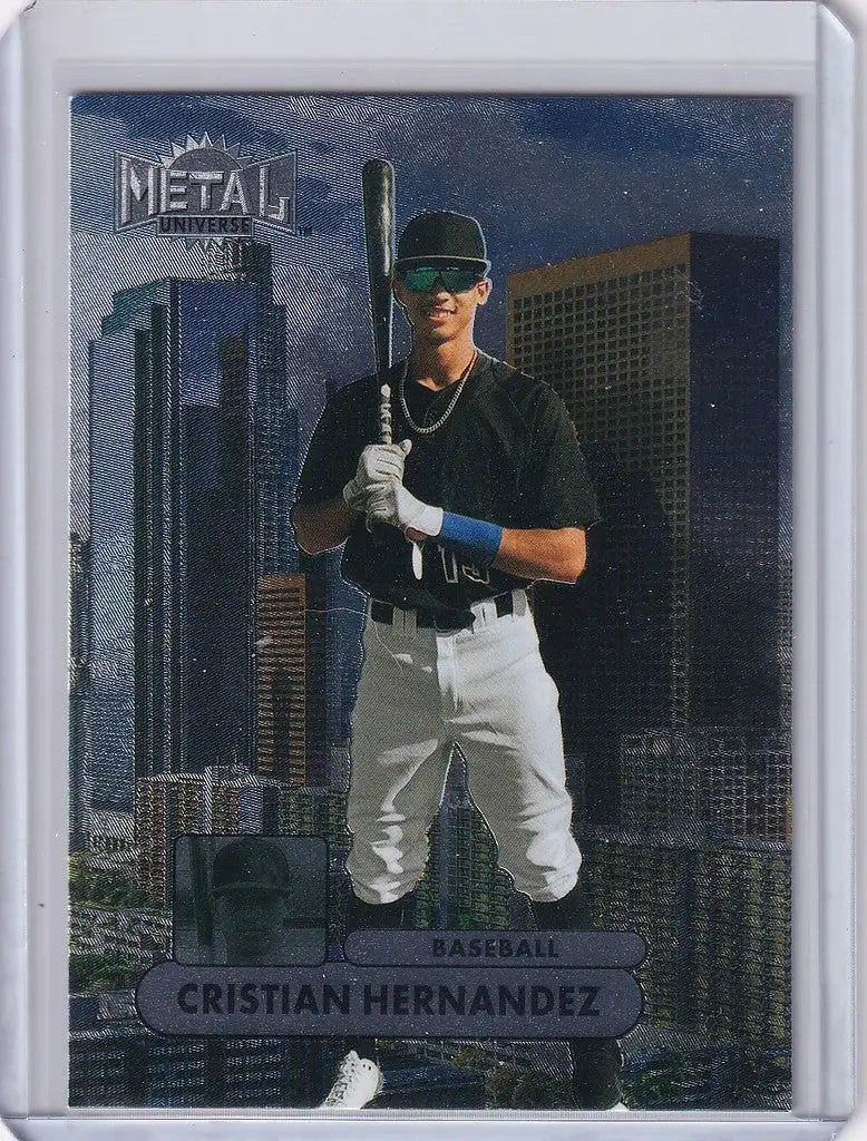 Baseball trading card of Cristian Hernandez in batting stance with city skyline background