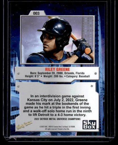 Baseball card of Riley Greene at bat in navy blue helmet from Skybox Metal Universe