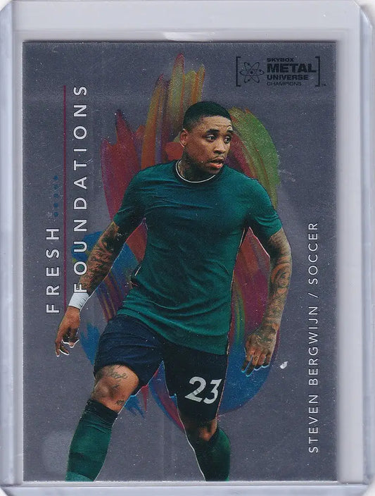 Soccer trading card of Steven Bergwijn in teal jersey 23 from Skybox Metal Universe