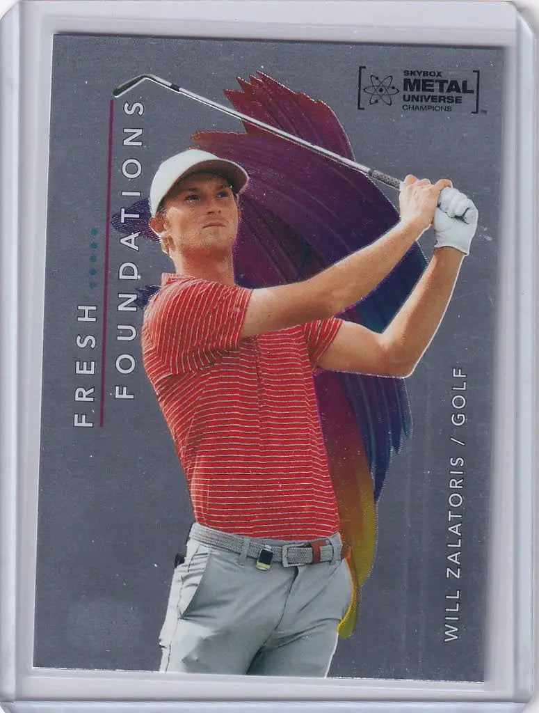 Trading card of golfer Will Zalatoris in red stripes from Skybox Metal Universe