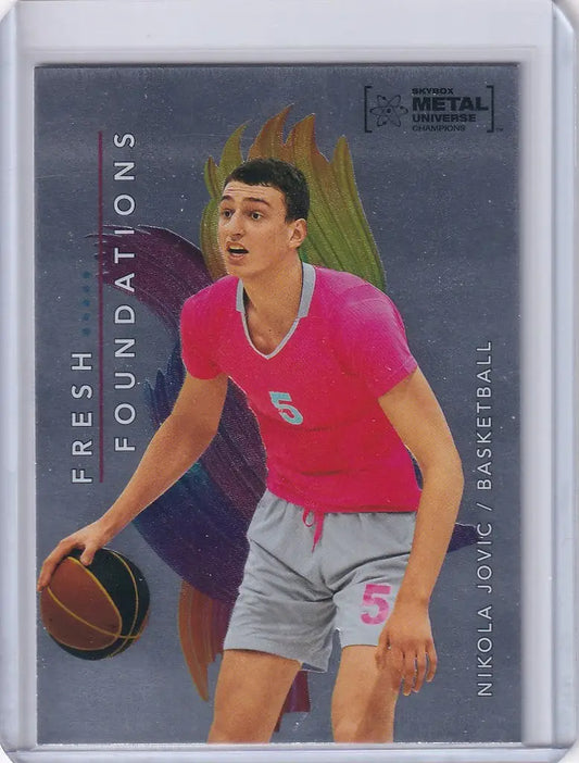 Basketball trading card of Nikola Jovic in pink jersey, Skybox Metal Universe Champions design
