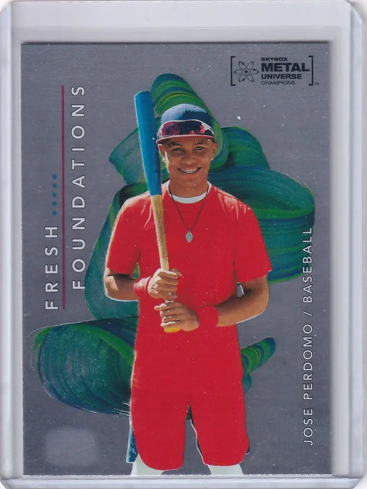 Baseball trading card of young player in red uniform from Skybox Metal Universe Champions