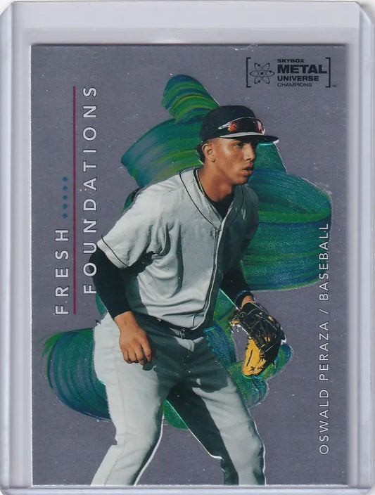 Baseball trading card of Oswald Peraza in gray uniform from Skybox Metal Universe Champions
