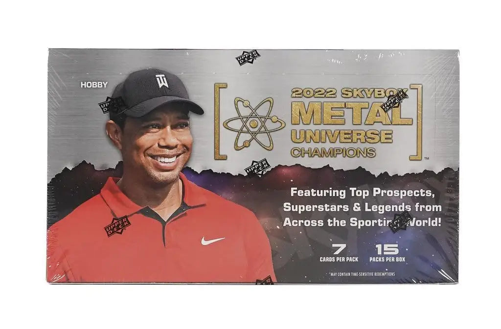 Box of 2022 Skybox Metal Universe Champions golf cards featuring a top golfer