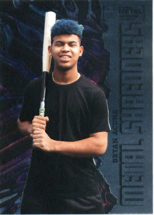 Bryan Acuna in black t-shirt holding bat for Skybox Metal Universe Champions card