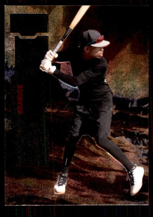 Brandon Mayea in batting stance wearing dark uniform and red cap on Skybox Metal Universe card