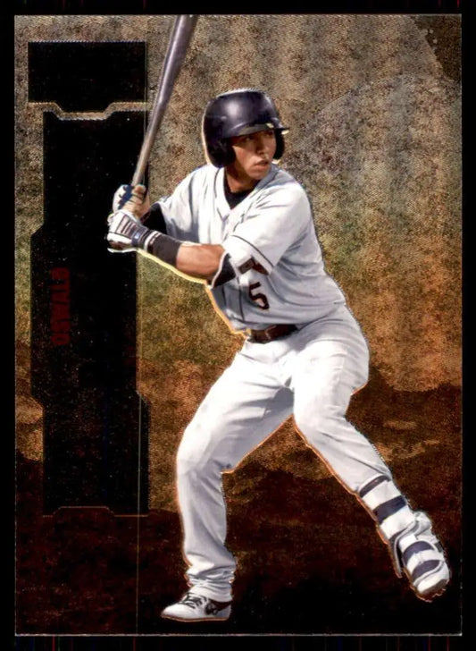 Oswald Peraza in a white uniform at bat on a Skybox Metal Universe baseball card
