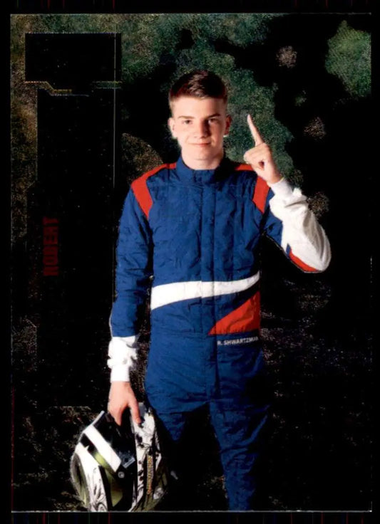 Race car driver Robert Shwartzman in blue and red suit with helmet for Skybox Metal Universe