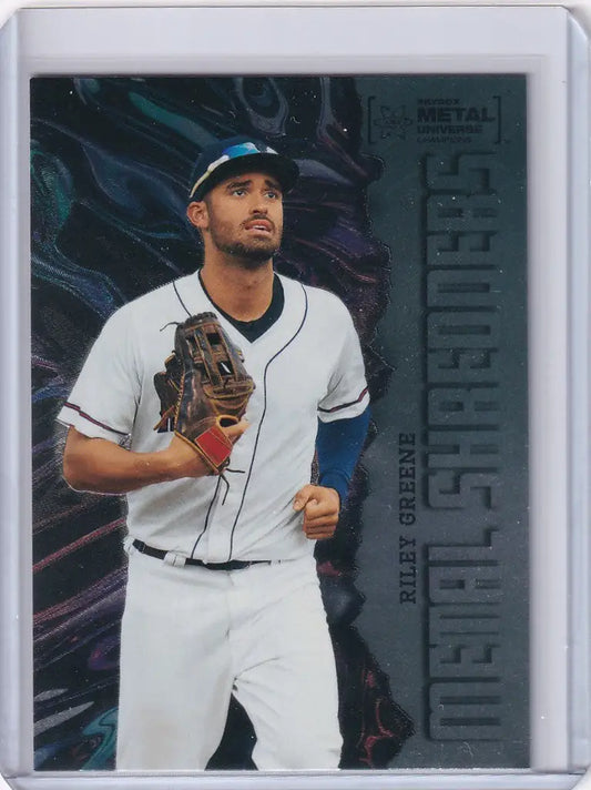 Baseball trading card of Riley Greene from 2022 Skybox Metal Universe Champions Metal Shredders
