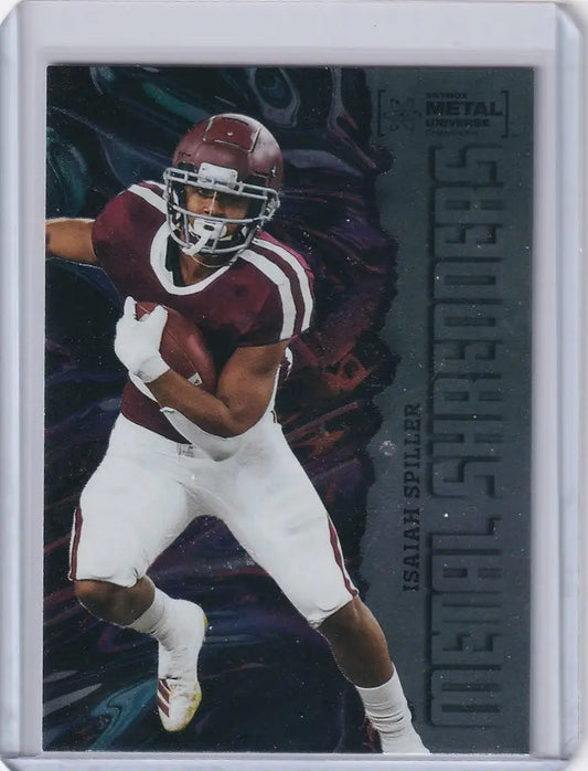 Football trading card of Isaiah Spiller in red and white uniform, Skybox Metal Universe