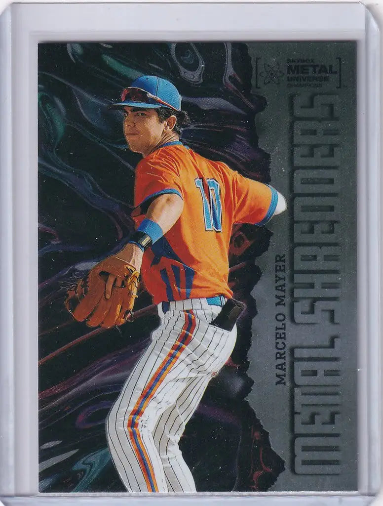 Baseball trading card of Marcelo Mayer in orange and blue for Skybox Metal Universe