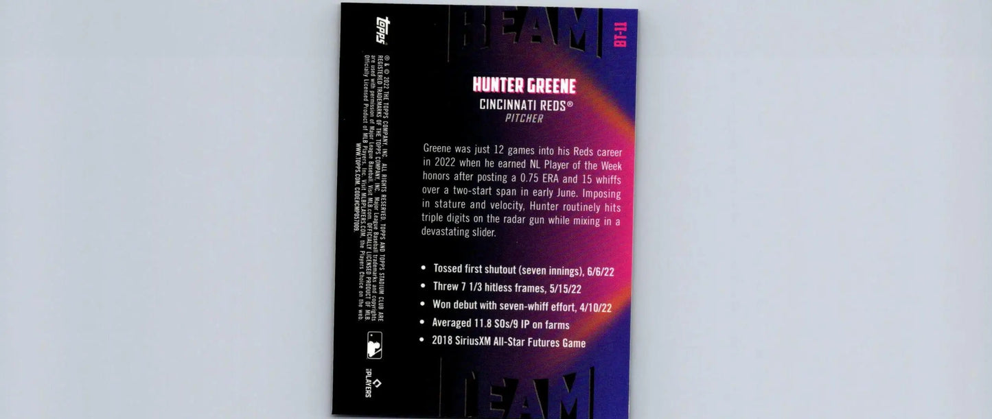 Hunter Greene Stadium Club Chrome #BT-11 Beam Team baseball card display
