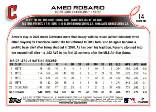 2022 Topps Amed Rosario baseball card back with original gloss and Guardians ID