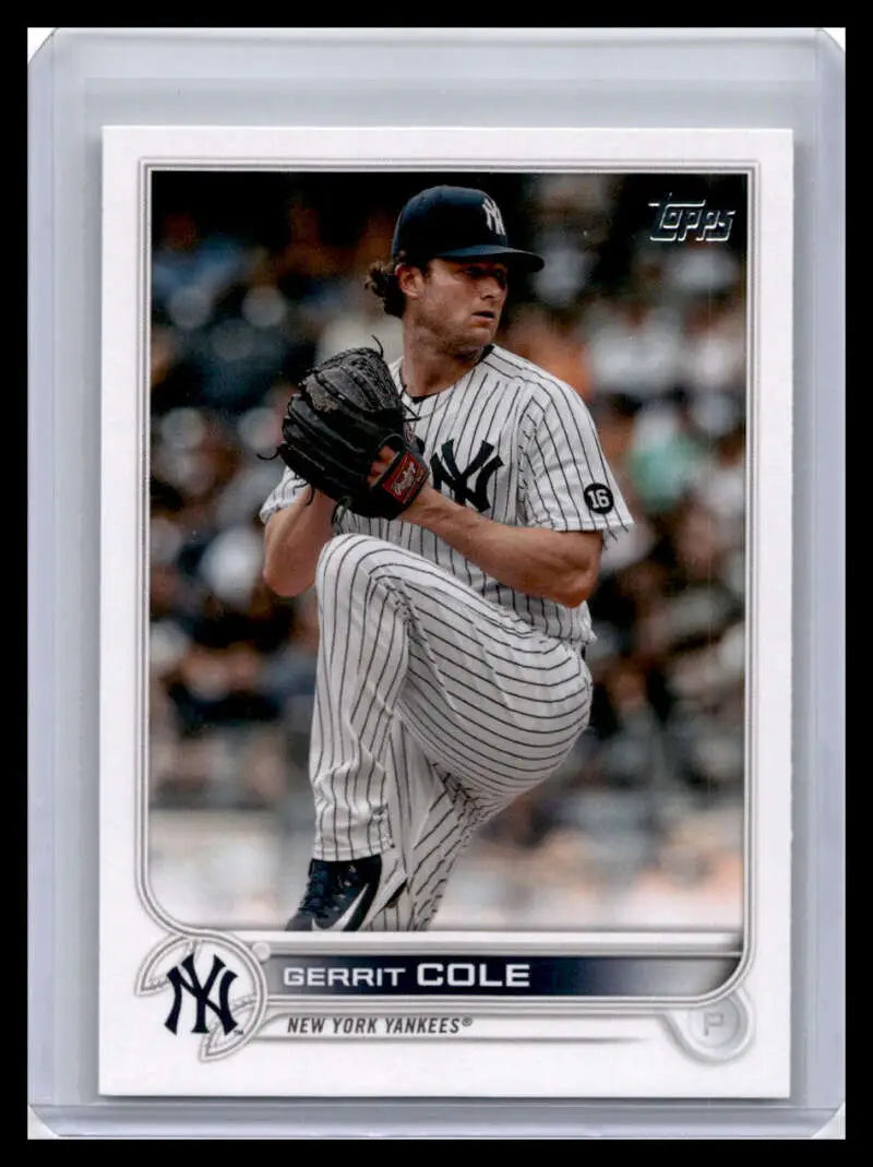 Gerrit Cole New York Yankees Baseball Card in pinstripes mid-windup action