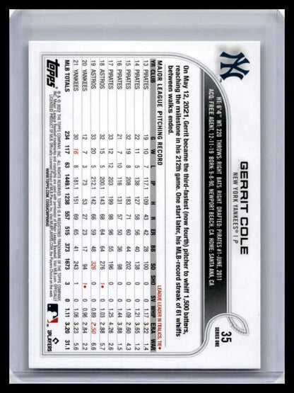Gerrit Cole Baseball Card with New York Yankees logo and player statistics displayed