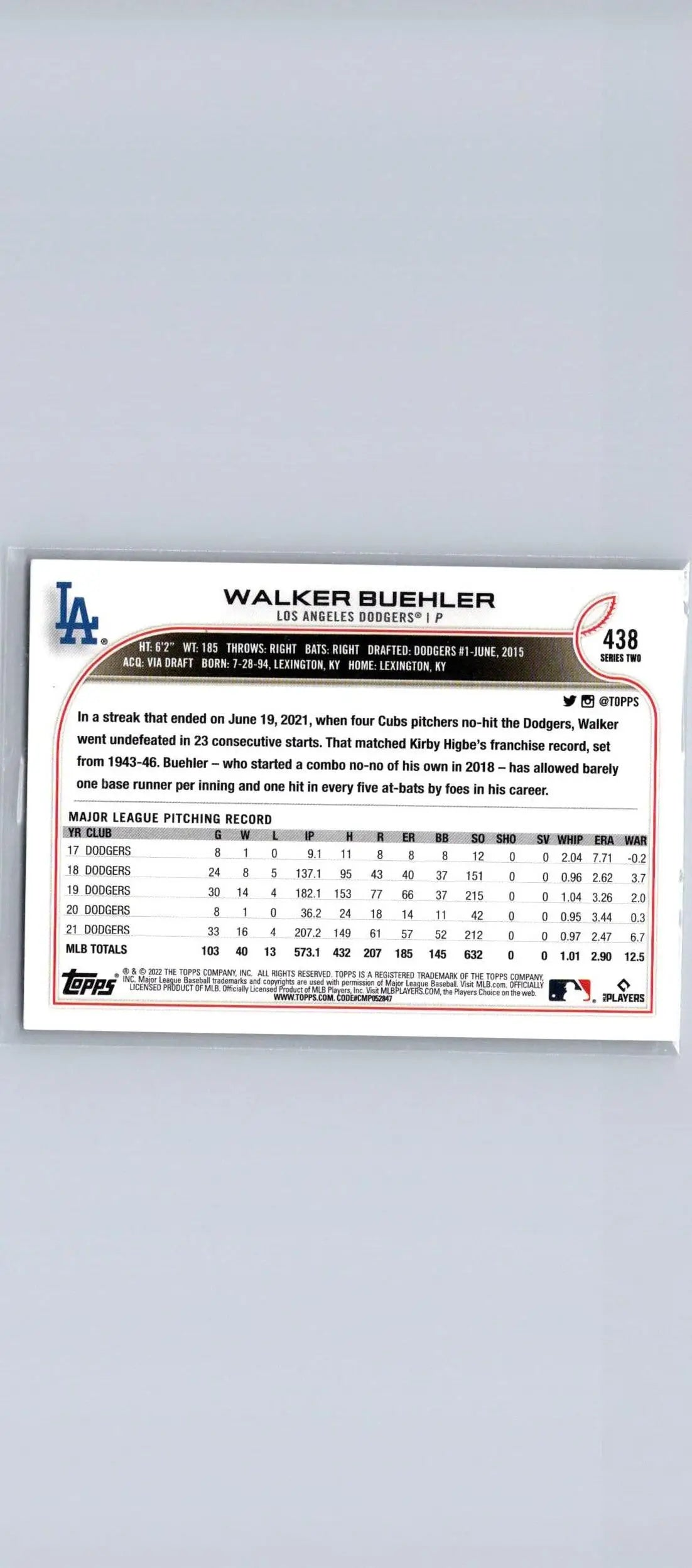 Walker Buehler 2022 Topps #438 baseball card featuring player statistics and highlights