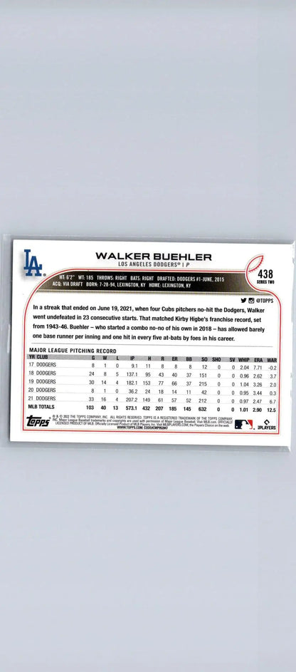 Walker Buehler 2022 Topps #438 baseball card featuring player statistics and highlights