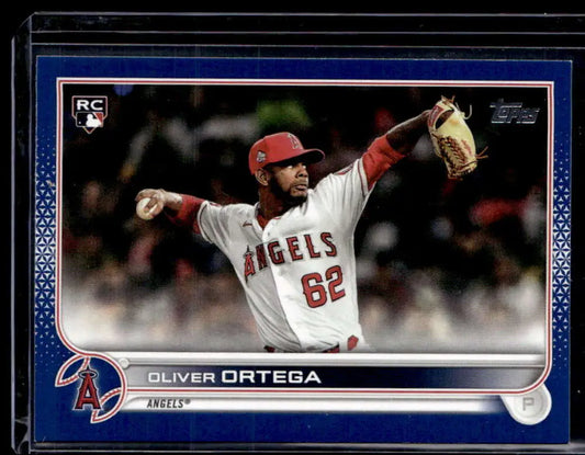 Baseball card of Oliver Ortega in mid-throw, wearing number 82, Royal Blue edition