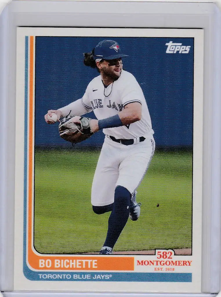 Baseball card of Bo Bichette Blue Jays in throwing motion from Montgomery Club Set