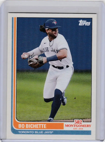 Baseball card of Bo Bichette Blue Jays in throwing motion from Montgomery Club Set