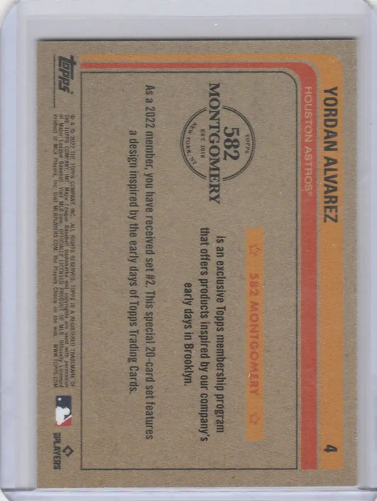 Baseball trading card back showing statistics for Yordan Alvarez Astros Montgomery Club Set