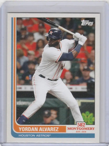 Baseball card of Yordan Alvarez mid-swing from Montgomery Club Set featuring Astros