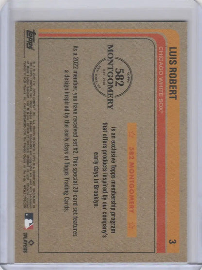 Baseball trading card from 2022 Topps Montgomery Club Set featuring Luis Roberts White Sox stats