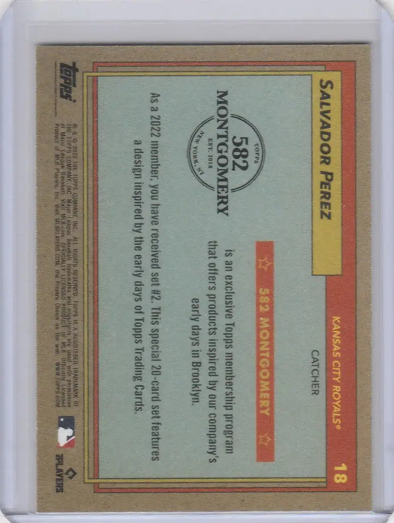 Baseball trading card of Salvador Perez, Kansas City Royals from 2022 Topps Montgomery Set