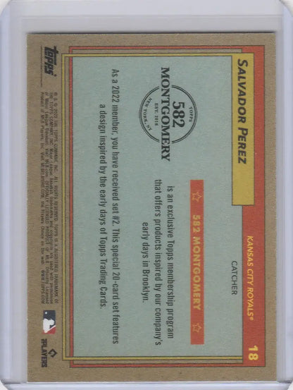 Baseball trading card of Salvador Perez, Kansas City Royals from 2022 Topps Montgomery Set