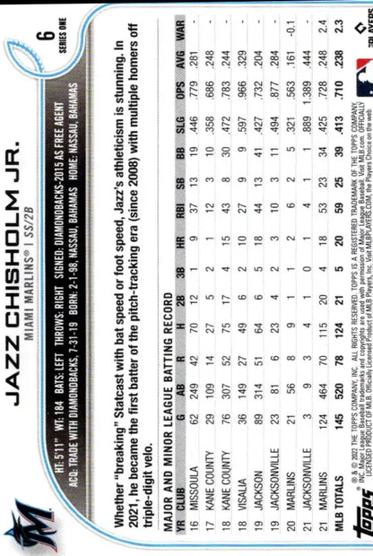 2022 Topps #6 Jazz Chisholm Jr. baseball card from trading cards collection