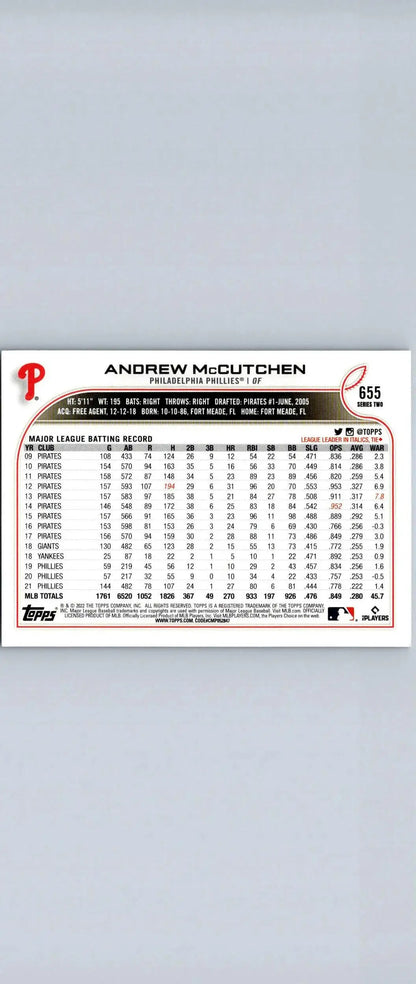 Andrew McCutchen baseball card from 2022 Topps #655 Andrew McCutchen Royal Blue