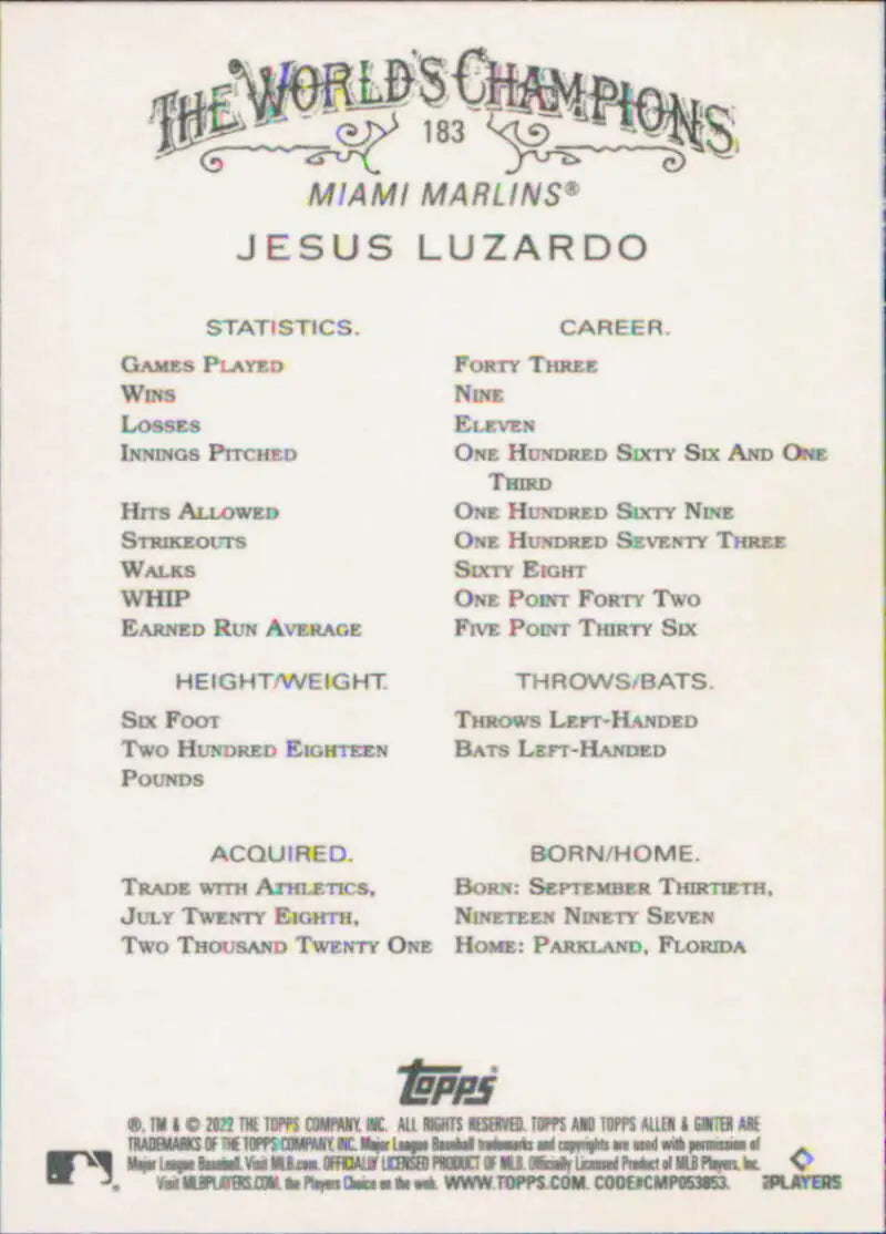 Baseball card of Jesus Luzardo featuring statistics for Miami Marlins pitcher