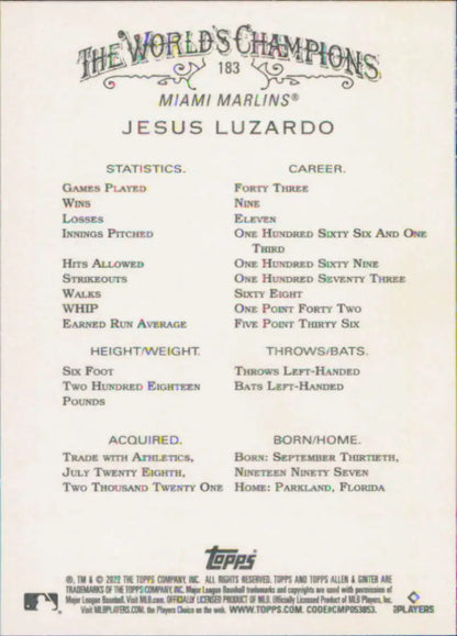 Baseball card of Jesus Luzardo featuring statistics for Miami Marlins pitcher