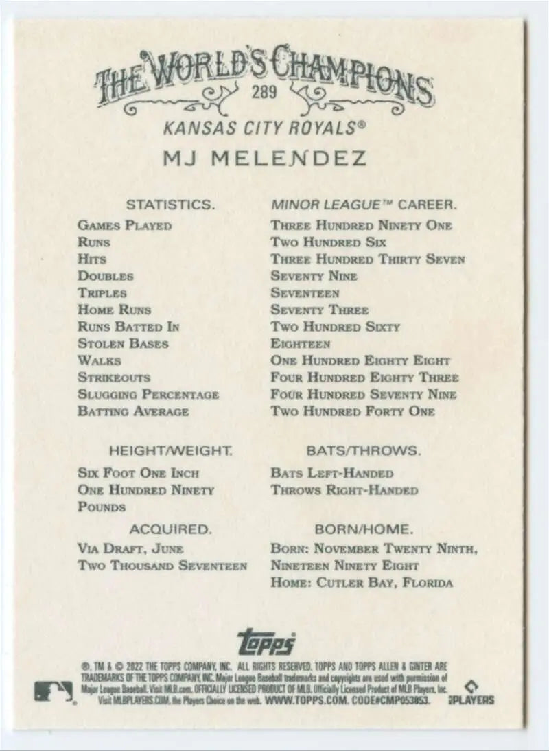 Baseball card of M.J. Melendez, Kansas City Royals rookie statistics and info