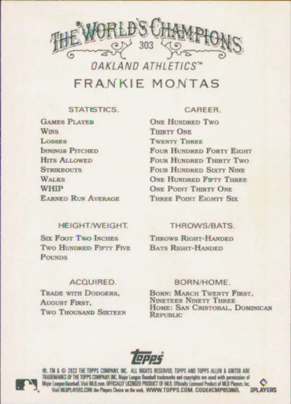 Frankie Montas baseball card from 2022 Topps Allen and Ginter showcasing player stats