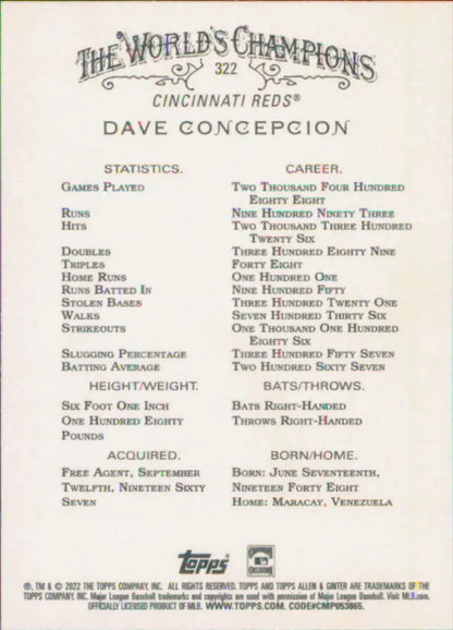 Baseball card of Dave Concepcion featuring career statistics for Cincinnati Reds