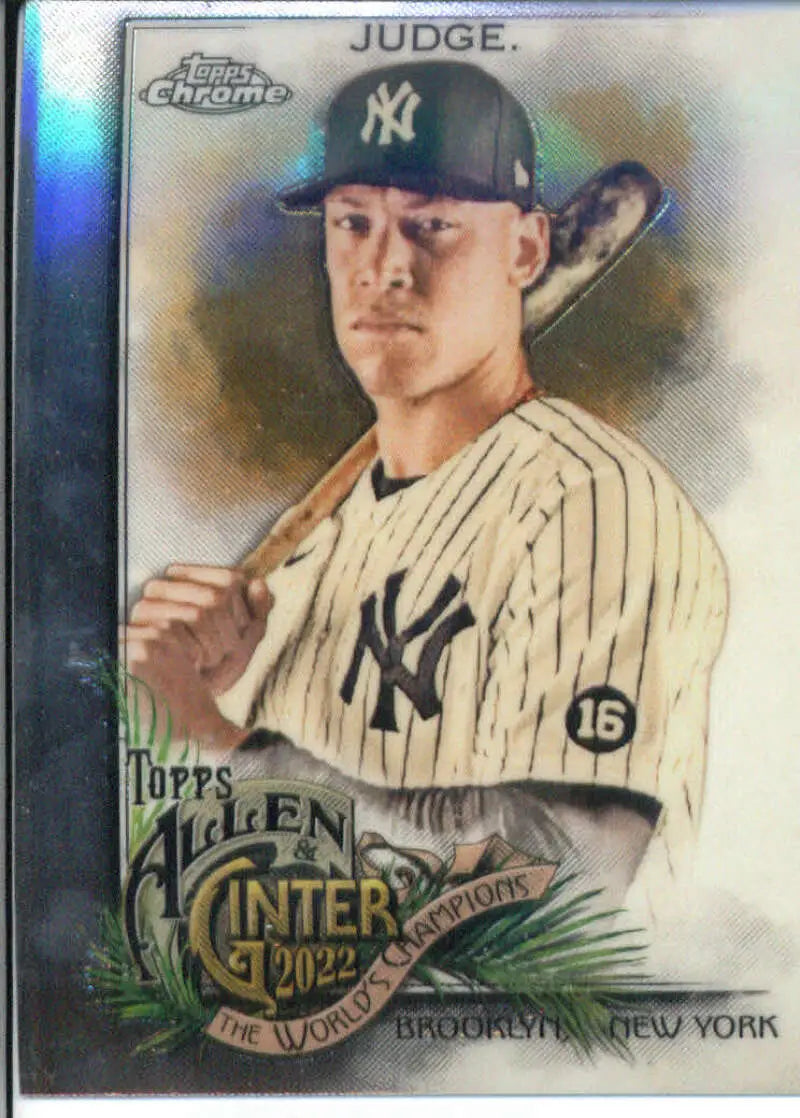 Baseball card of Aaron Judge in New York Yankees pinstripe uniform and navy cap