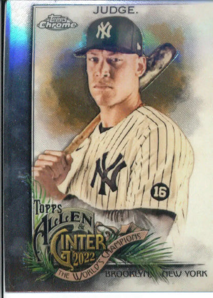 Baseball card of Aaron Judge in New York Yankees pinstripe uniform and navy cap