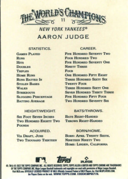 Aaron Judge New York Yankees baseball card with career stats and information