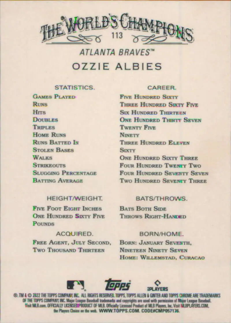 Ozzie Albies career statistics on 2022 Topps Allen and Ginter Chrome baseball card