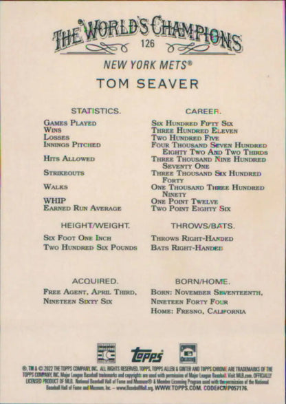 Tom Seaver Baseball Card showcasing New York Mets legend’s stats and career highlights