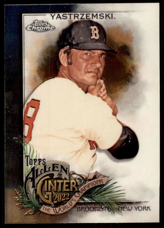 Baseball card of Carl Yastrzemski in batting stance for Boston Red Sox collectors
