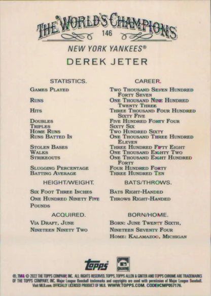 Derek Jeter Baseball Card featuring career statistics with New York Yankees