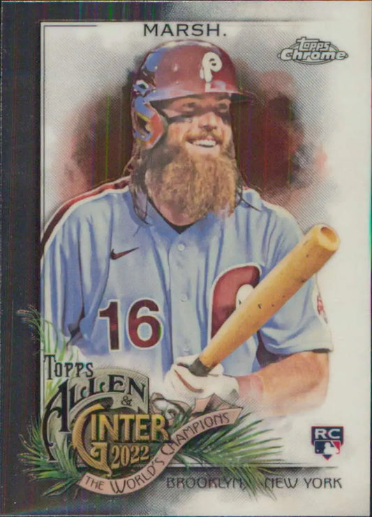 Brandon Marsh in Phillies uniform with bat on 2022 Topps Allen and Ginter Chrome card