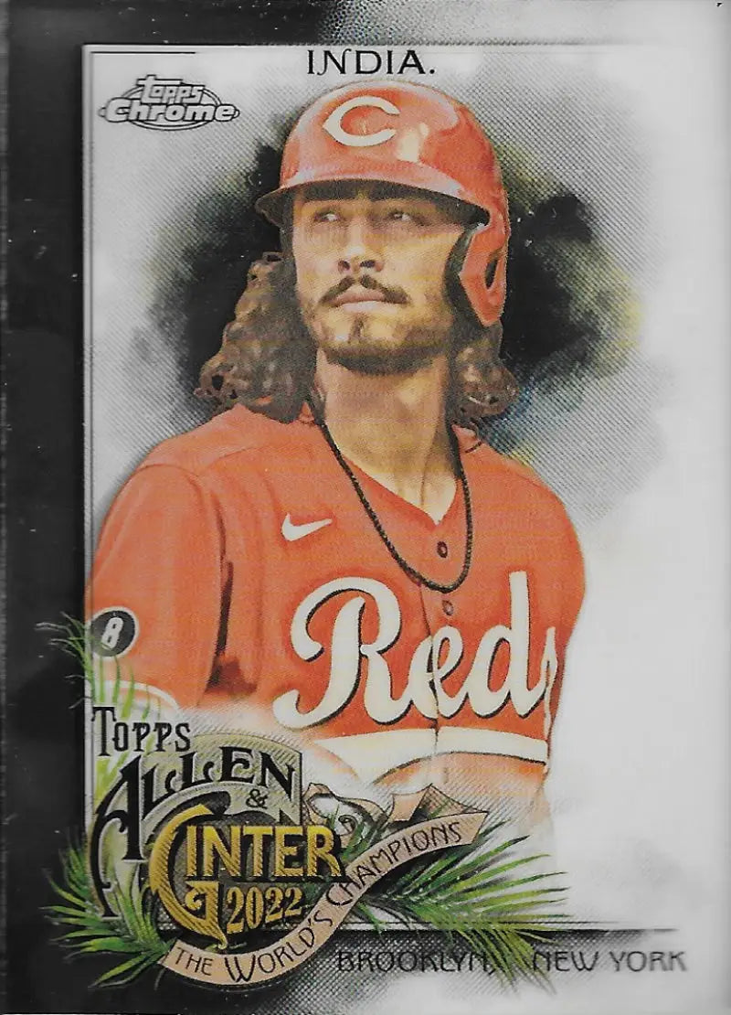 Baseball card of Jonathan India in orange jersey and helmet for Cincinnati Reds
