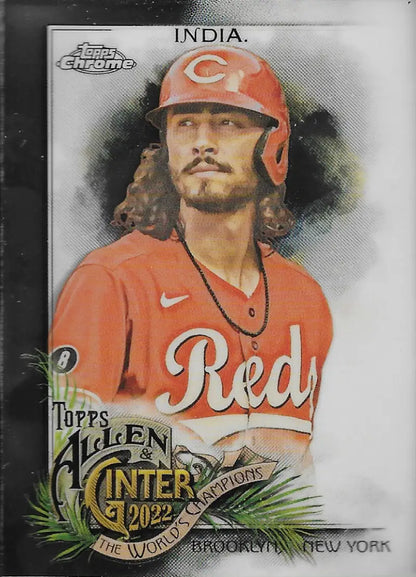 Baseball card of Jonathan India in orange jersey and helmet for Cincinnati Reds