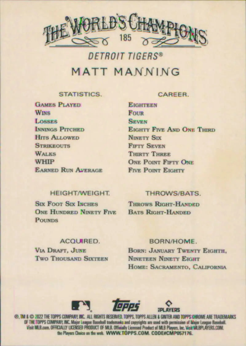 Baseball card featuring Matt Manning’s stats for Detroit Tigers in 2022 Topps Allen Ginter Chrome