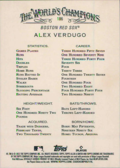 Alex Verdugo baseball card showcasing statistics for Boston Red Sox player
