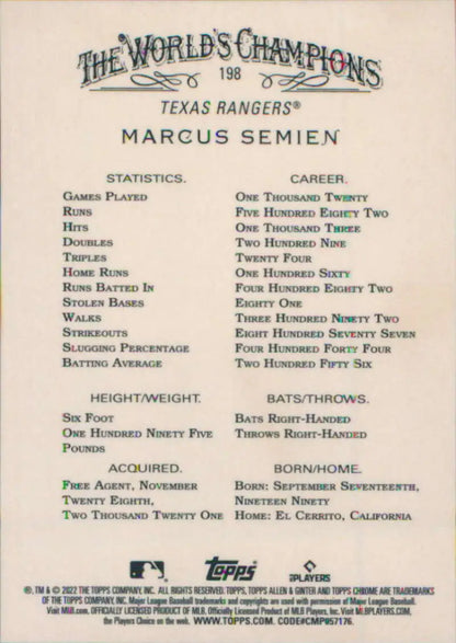 Marcus Semien Texas Rangers baseball card displaying Topps Allen and Ginter Chrome stats