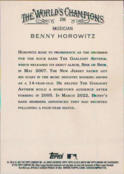 Benny Horowitz biography on 2022 Topps Allen and Ginter Chrome #206 trading card